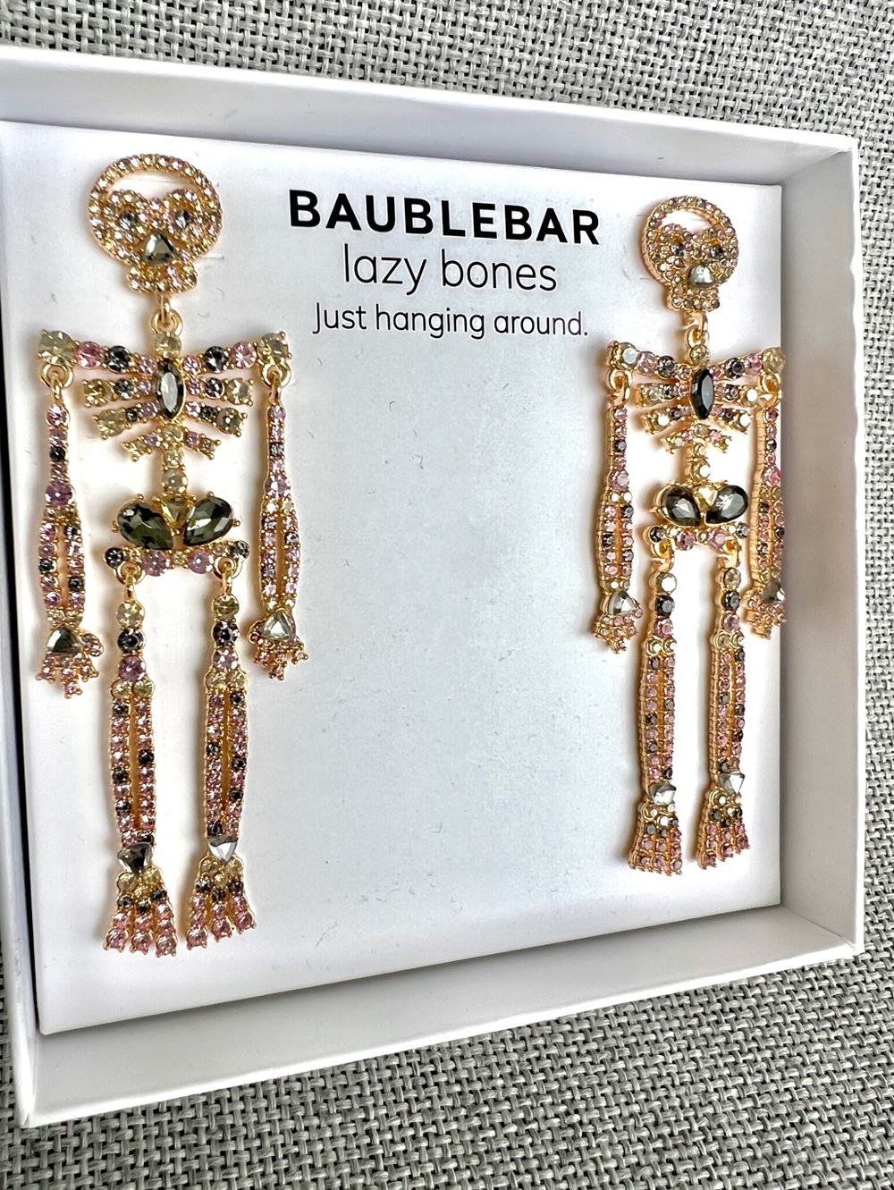 Baublebar Lazy Bones crystal drop earrings pink yellow gray gold Halloween